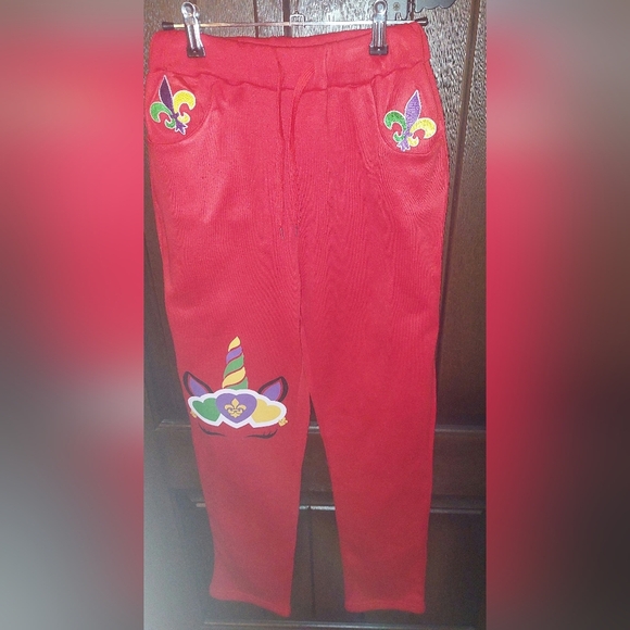 NWT Mardi Gras Upcycled Red Hoodie & Track Pants/ Jogger Set - Picture 3 of 3
